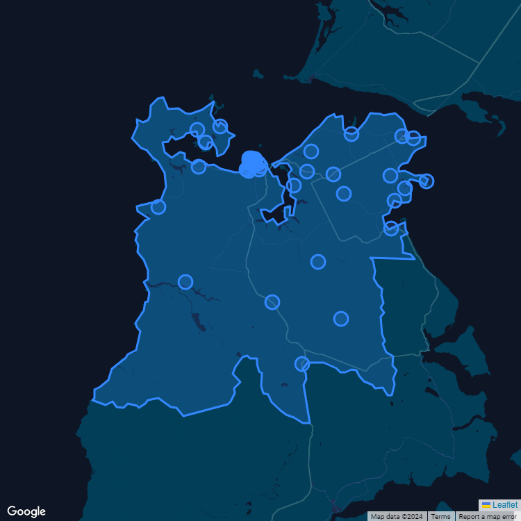 Mapa de la comuna de Ancud mostrando los establecimientos educacionales participantes en el Sistema de Admisión Escolar (SAE)