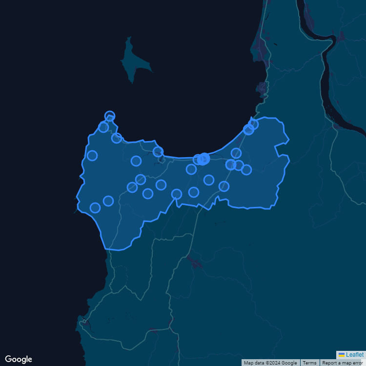 Mapa de la comuna de Arauco mostrando los establecimientos educacionales participantes en el Sistema de Admisión Escolar (SAE)