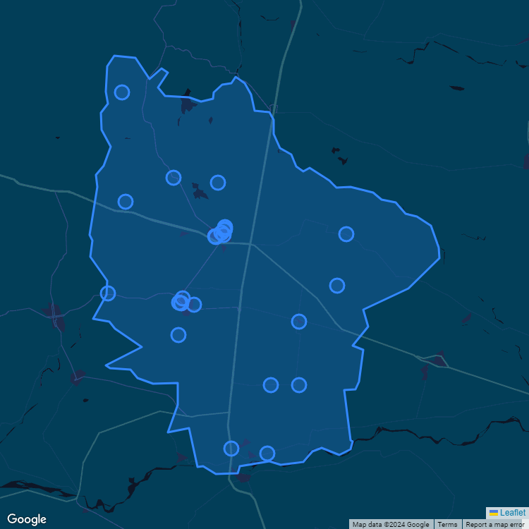 Mapa de la comuna de Cabrero mostrando los establecimientos educacionales participantes en el Sistema de Admisión Escolar (SAE)