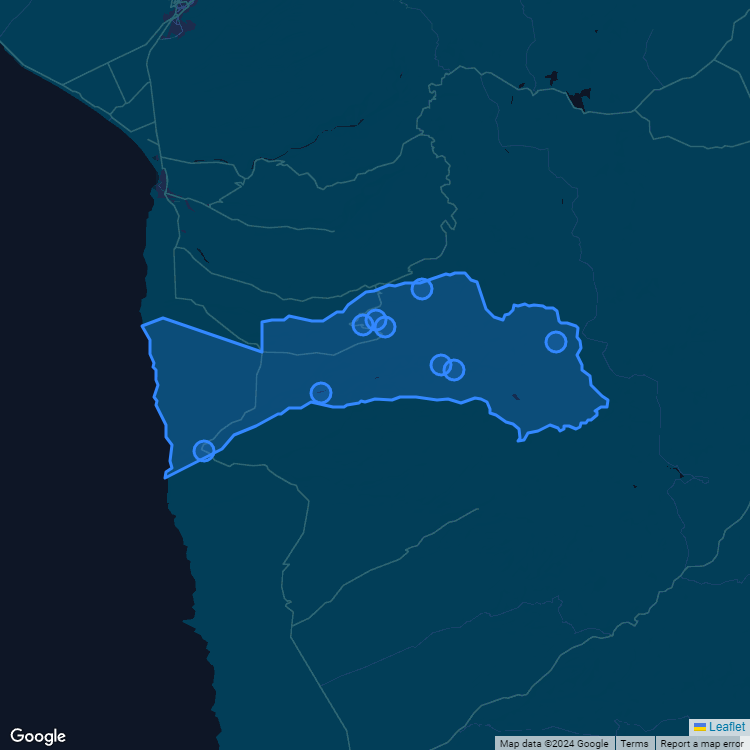 Mapa de la comuna de Camarones mostrando los establecimientos educacionales participantes en el Sistema de Admisión Escolar (SAE)