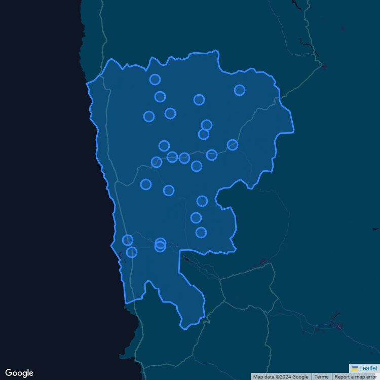 Mapa de la comuna de Canela mostrando los establecimientos educacionales participantes en el Sistema de Admisión Escolar (SAE)