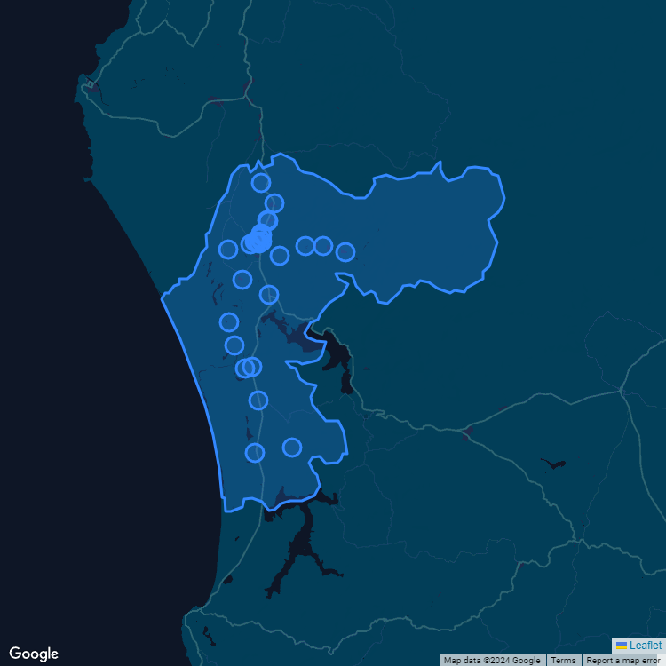 Mapa de la comuna de Cañete mostrando los establecimientos educacionales participantes en el Sistema de Admisión Escolar (SAE)