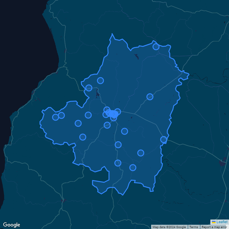 Mapa de la comuna de Cauquenes mostrando los establecimientos educacionales participantes en el Sistema de Admisión Escolar (SAE)