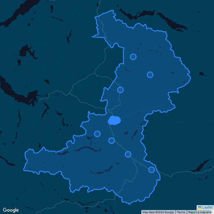Mapa de la comuna de Coyhaique mostrando los establecimientos educacionales participantes en el Sistema de Admisión Escolar (SAE)