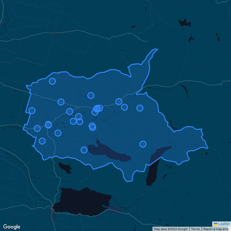 Mapa de la comuna de Cunco mostrando los establecimientos educacionales participantes en el Sistema de Admisión Escolar (SAE)