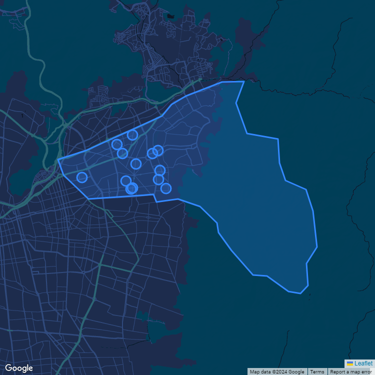 Mapa de la comuna de Las Condes mostrando los establecimientos educacionales participantes en el Sistema de Admisión Escolar (SAE)