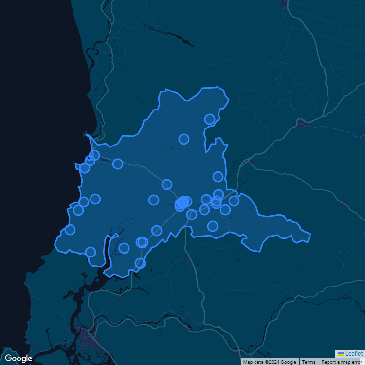 Mapa de la comuna de Mariquina mostrando los establecimientos educacionales participantes en el Sistema de Admisión Escolar (SAE)