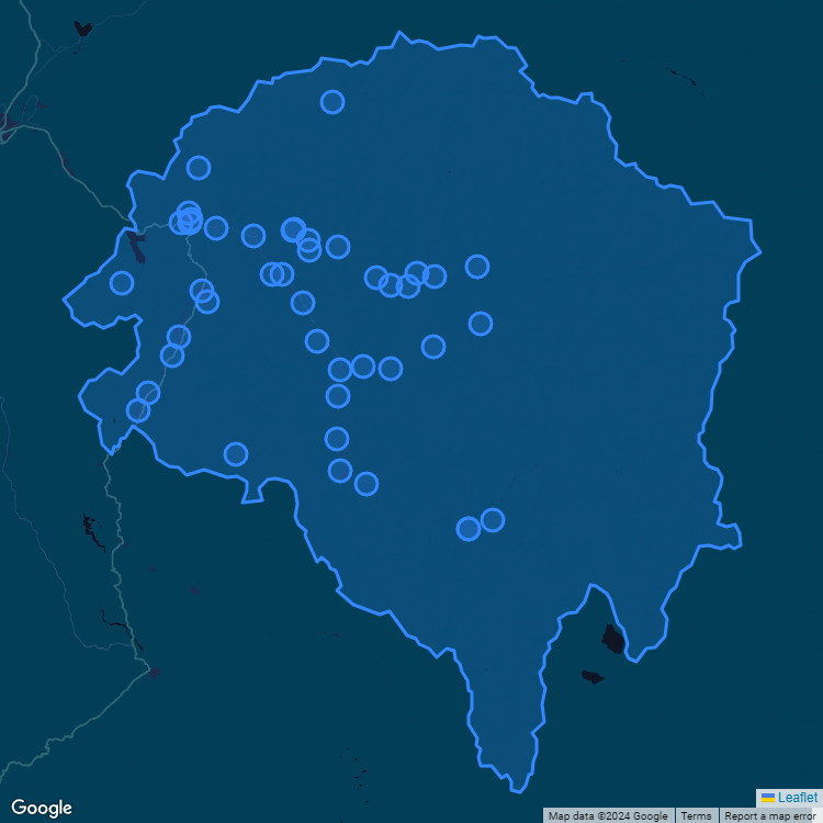 Mapa de la comuna de Monte Patria mostrando los establecimientos educacionales participantes en el Sistema de Admisión Escolar (SAE)