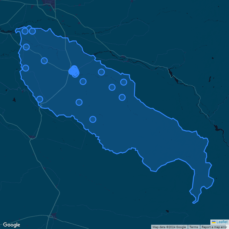 Mapa de la comuna de Mulchen mostrando los establecimientos educacionales participantes en el Sistema de Admisión Escolar (SAE)