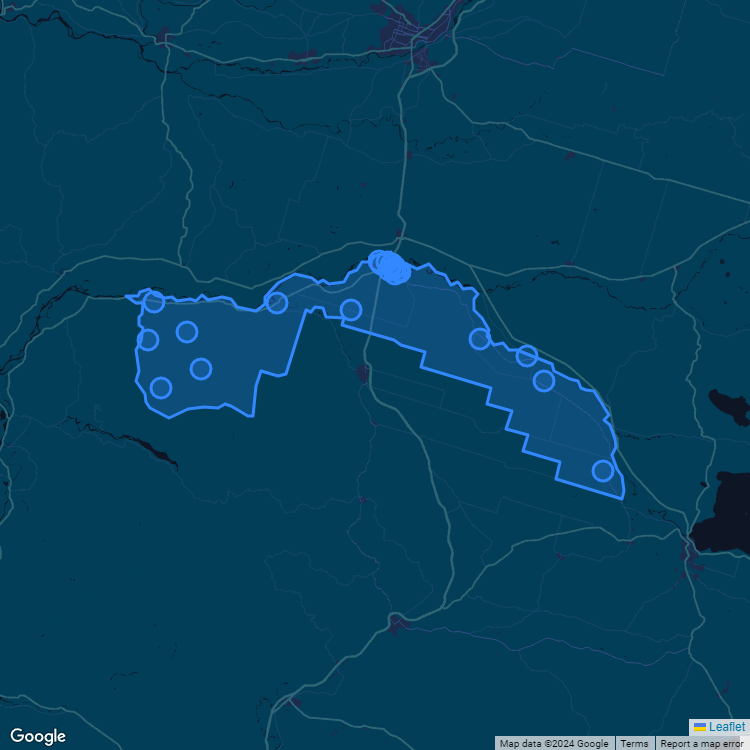 Mapa de la comuna de Pitrufquen mostrando los establecimientos educacionales participantes en el Sistema de Admisión Escolar (SAE)