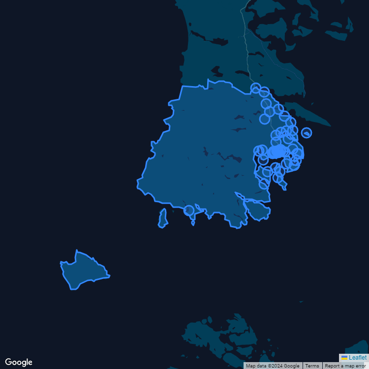 Mapa de la comuna de Quellon mostrando los establecimientos educacionales participantes en el Sistema de Admisión Escolar (SAE)