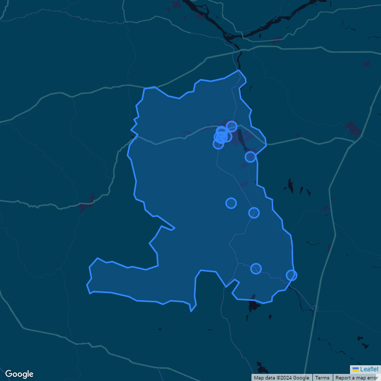 Mapa de la comuna de Quillon mostrando los establecimientos educacionales participantes en el Sistema de Admisión Escolar (SAE)