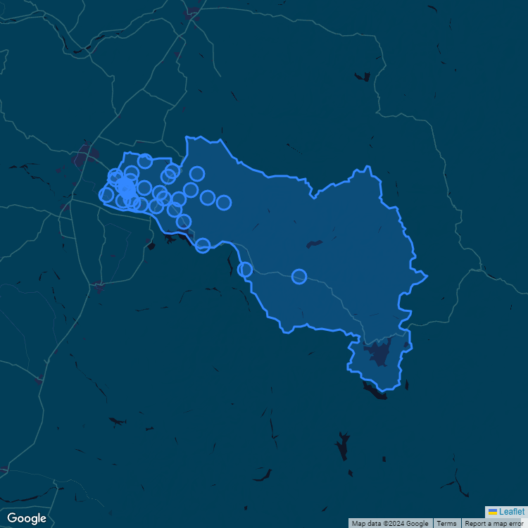 Mapa de la comuna de San Clemente mostrando los establecimientos educacionales participantes en el Sistema de Admisión Escolar (SAE)