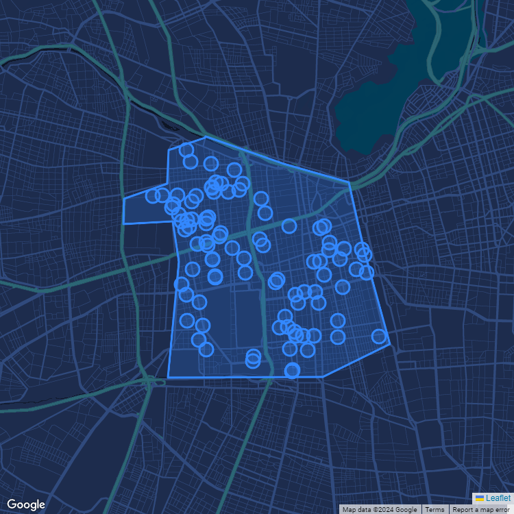 Mapa de la comuna de Santiago mostrando los establecimientos educacionales participantes en el Sistema de Admisión Escolar (SAE)